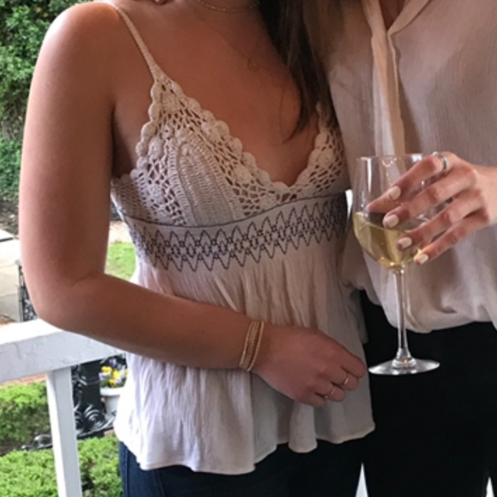 Free People White and Blue Crochet Flowy Tank